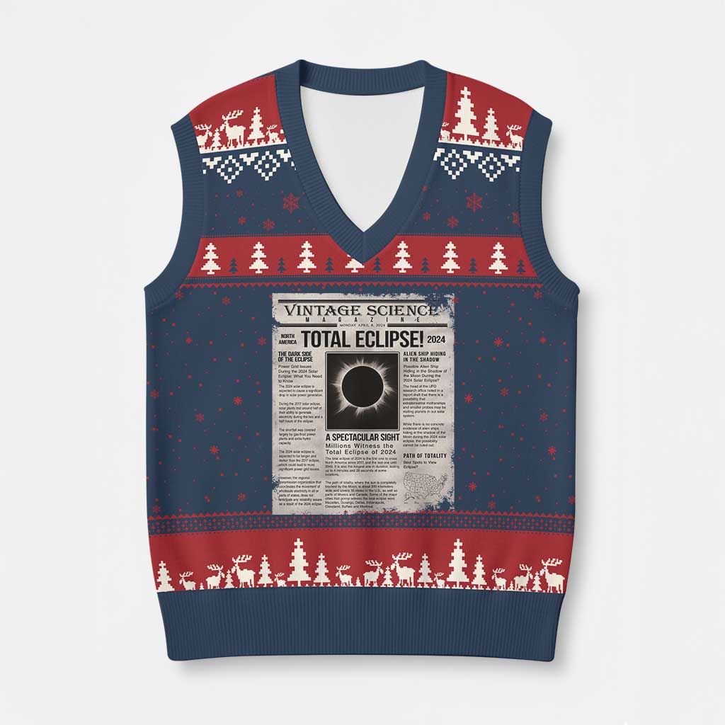 Retro Vintage Science Magazine Total Solar Eclipse 2024 V-Neck Knit Sweater Vest Historic Totality Astronomy Geek Memorabilia TS02 Navy Red Print Your Wear
