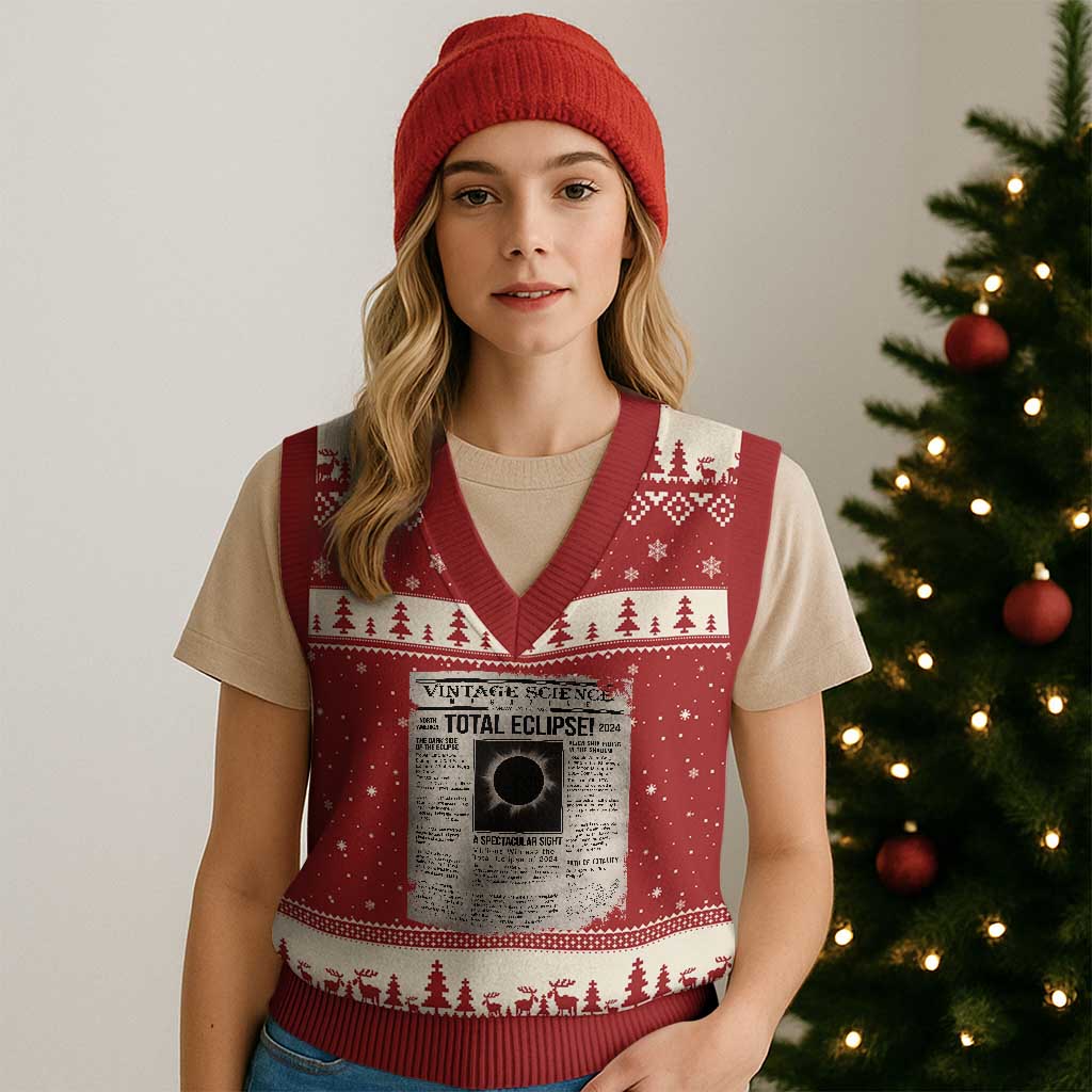 Retro Vintage Science Magazine Total Solar Eclipse 2024 V-Neck Knit Sweater Vest Historic Totality Astronomy Geek Memorabilia TS02 Red Beige Print Your Wear