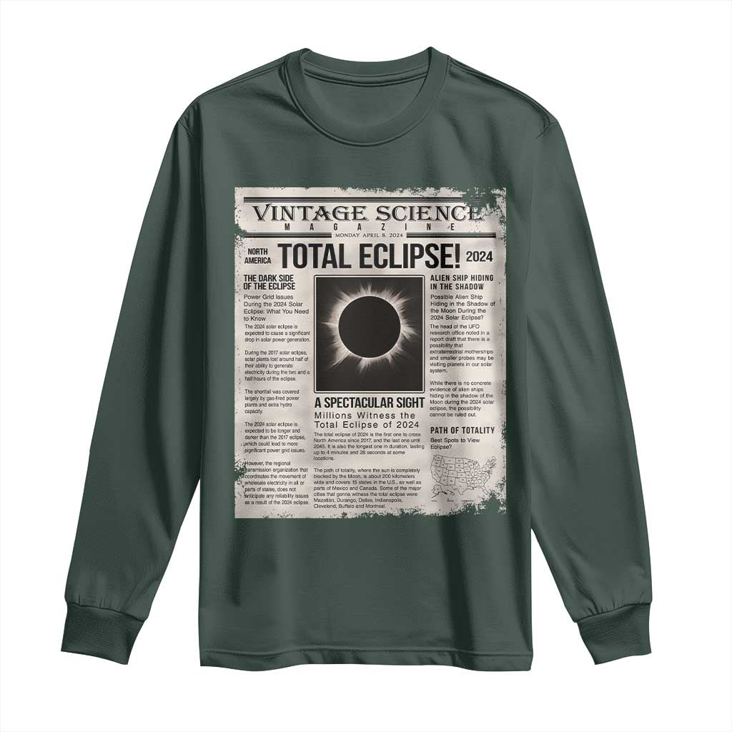 Retro Vintage Science Magazine Total Solar Eclipse 2024 Long Sleeve Shirt Historic Totality Astronomy Geek Memorabilia TS02 Dark Forest Green Print Your Wear