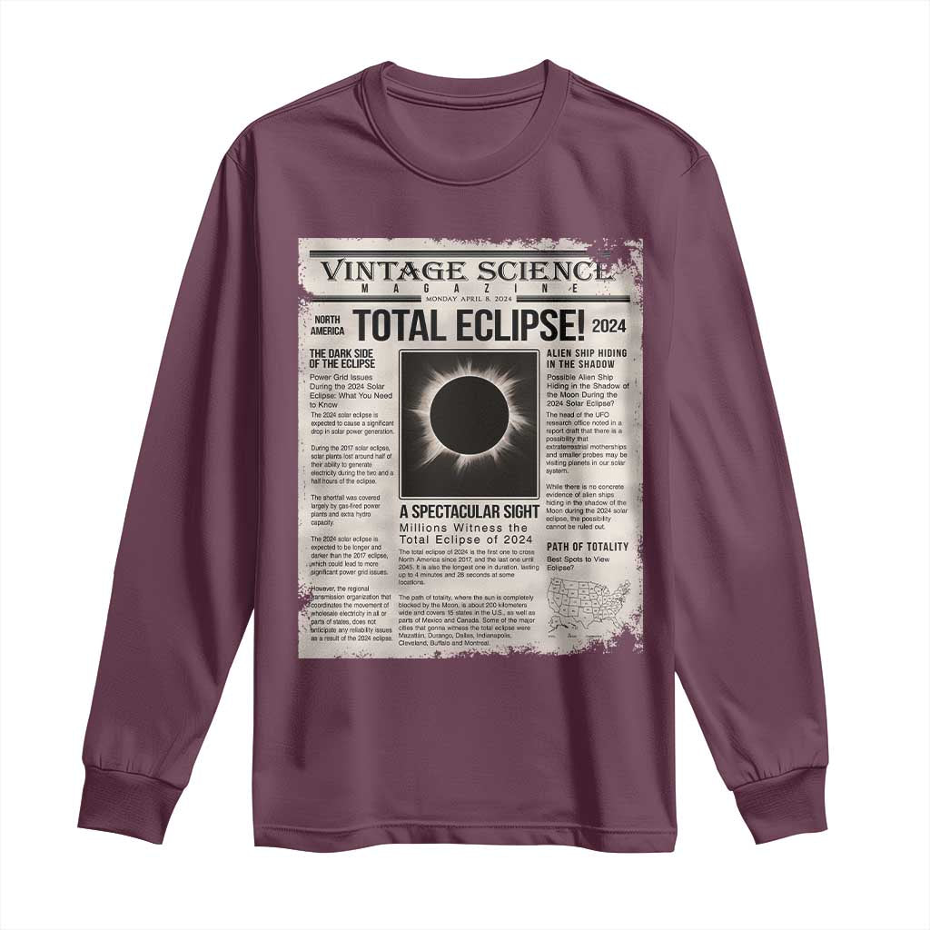 Retro Vintage Science Magazine Total Solar Eclipse 2024 Long Sleeve Shirt Historic Totality Astronomy Geek Memorabilia TS02 Maroon Print Your Wear