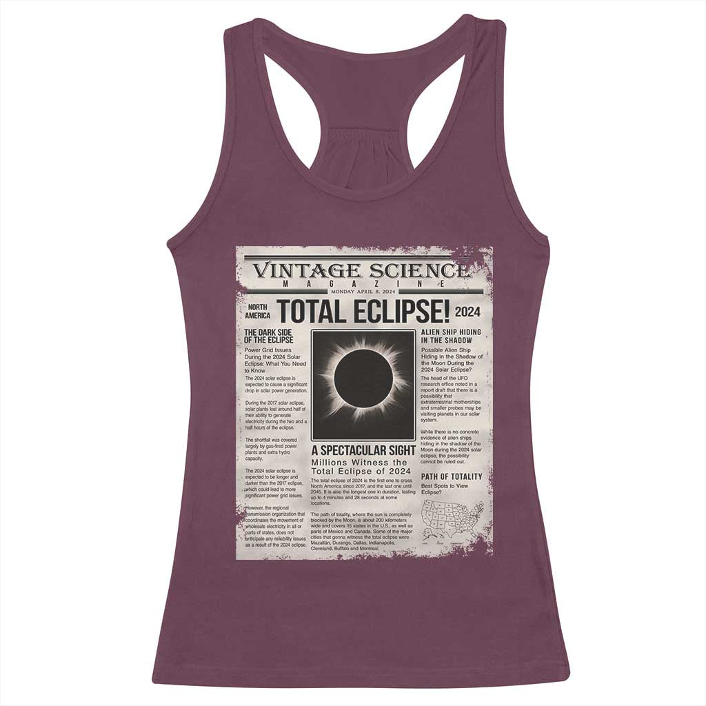 Retro Vintage Science Magazine Total Solar Eclipse 2024 Racerback Tank Top Historic Totality Astronomy Geek Memorabilia TS02 Maroon Print Your Wear