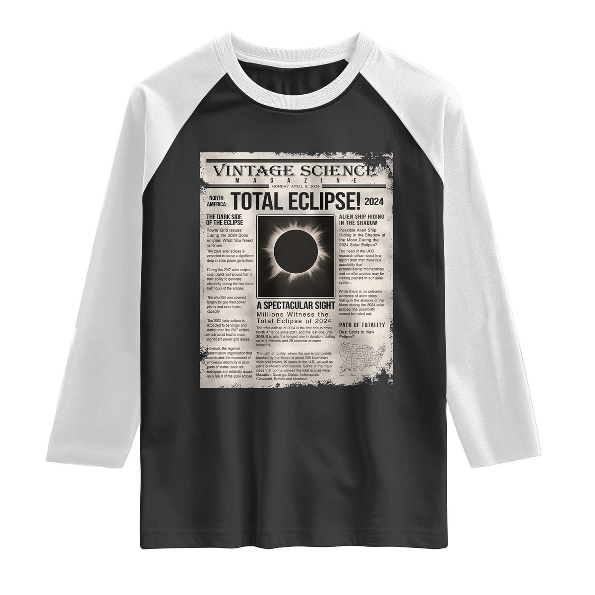 Retro Vintage Science Magazine Total Solar Eclipse 2024 Raglan Shirt Historic Totality Astronomy Geek Memorabilia TS02 Black White Print Your Wear