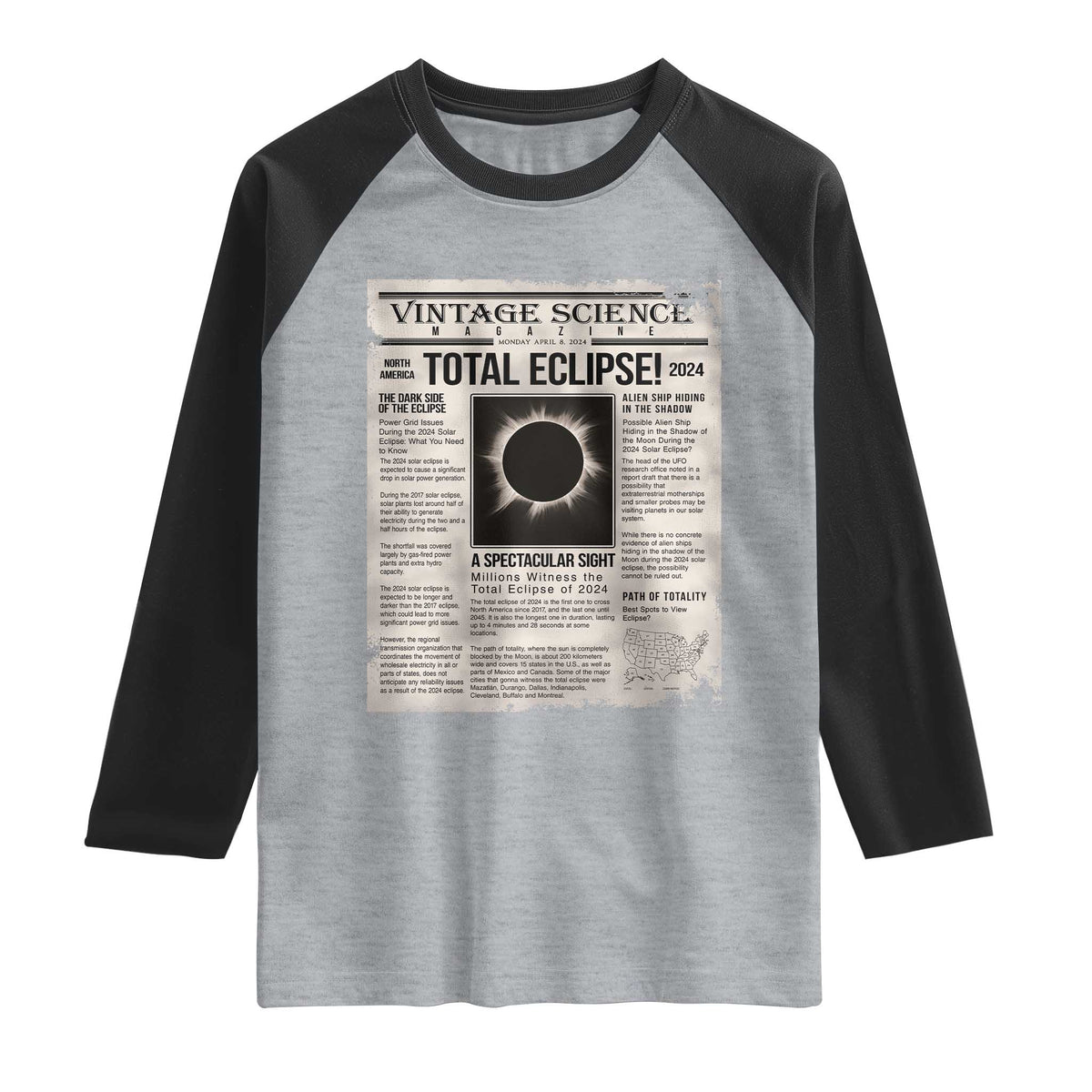 Retro Vintage Science Magazine Total Solar Eclipse 2024 Raglan Shirt Historic Totality Astronomy Geek Memorabilia TS02 Heather Gray Black Print Your Wear