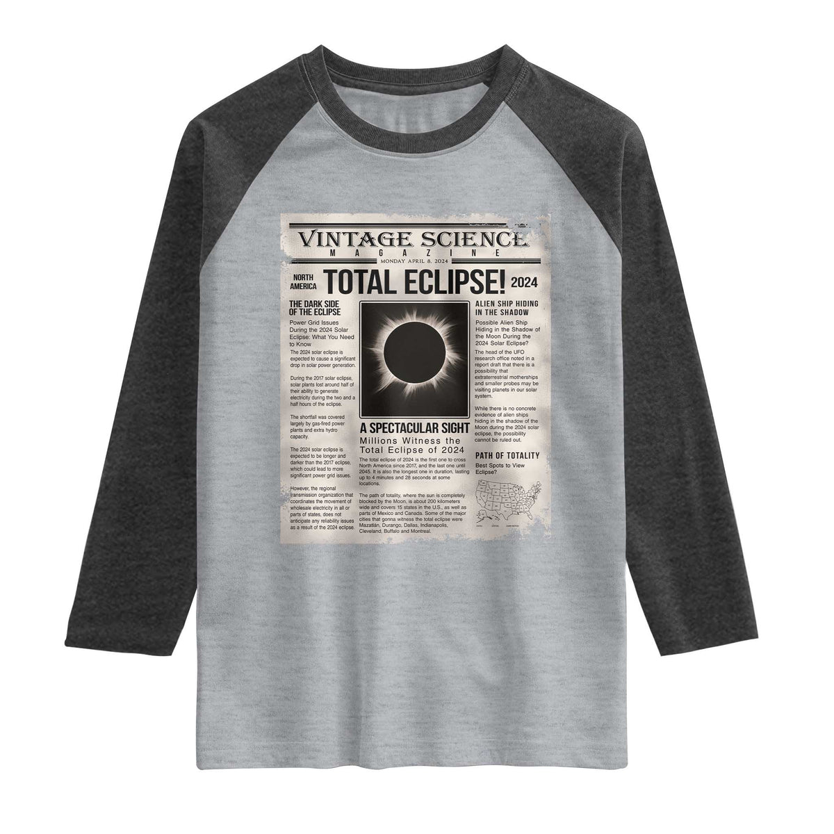 Retro Vintage Science Magazine Total Solar Eclipse 2024 Raglan Shirt Historic Totality Astronomy Geek Memorabilia TS02 Heather Gray Heather Charcoal Print Your Wear