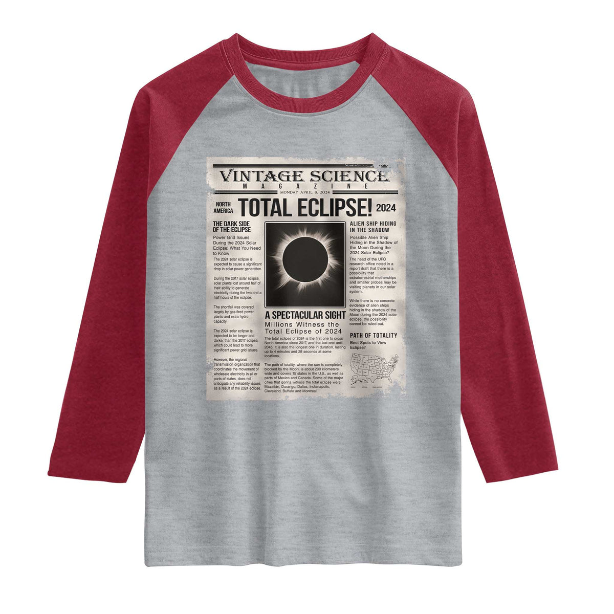 Retro Vintage Science Magazine Total Solar Eclipse 2024 Raglan Shirt Historic Totality Astronomy Geek Memorabilia TS02 Heather Gray Heather Red Print Your Wear