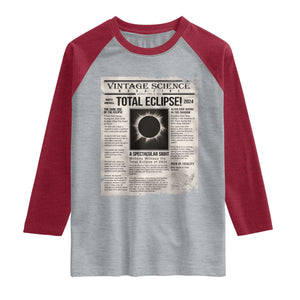 Retro Vintage Science Magazine Total Solar Eclipse 2024 Raglan Shirt Historic Totality Astronomy Geek Memorabilia TS02 Heather Gray Heather Red Print Your Wear