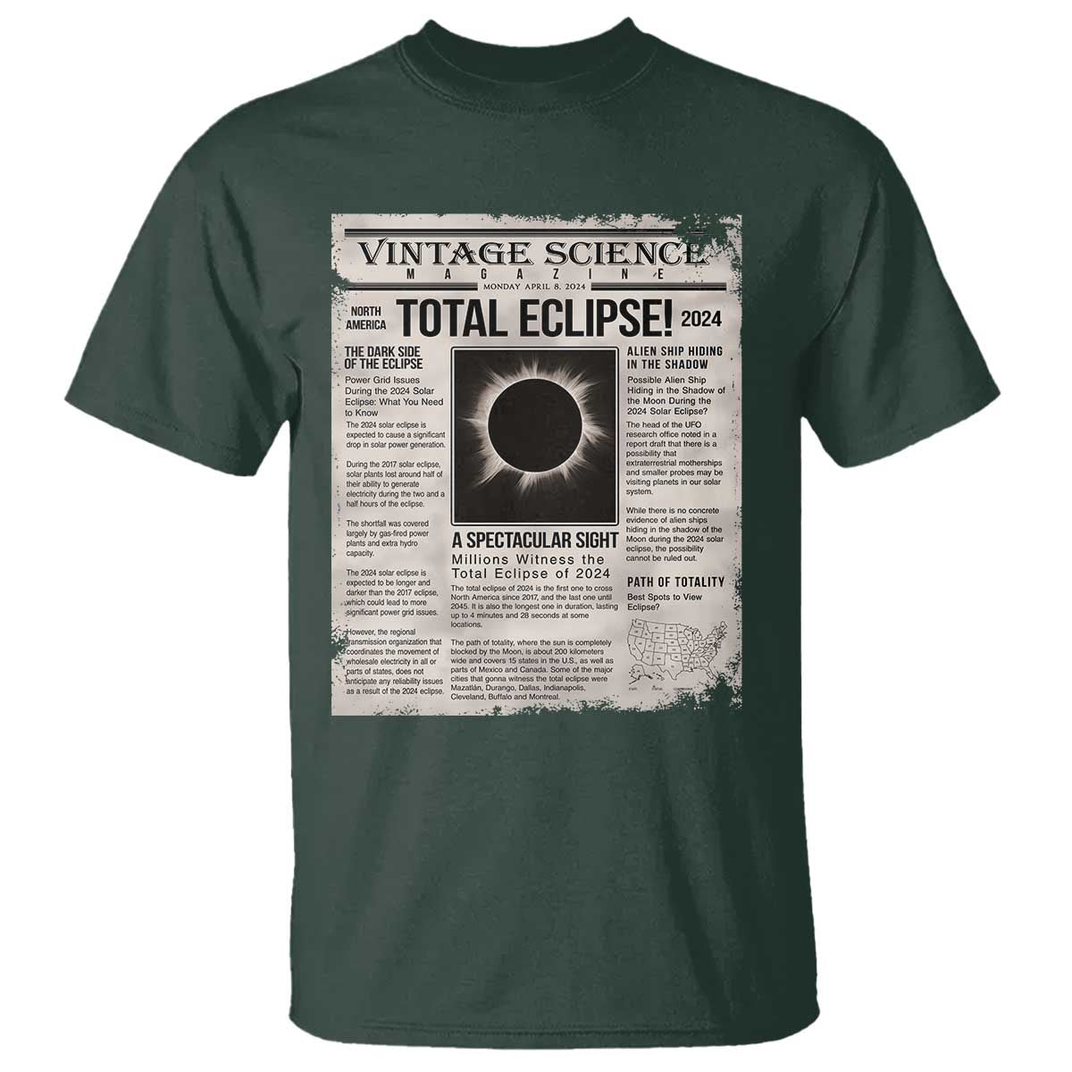 Retro Vintage Science Magazine Total Solar Eclipse 2024 T Shirt Historic Totality Astronomy Geek Memorabilia TS02 Dark Forest Green Print Your Wear