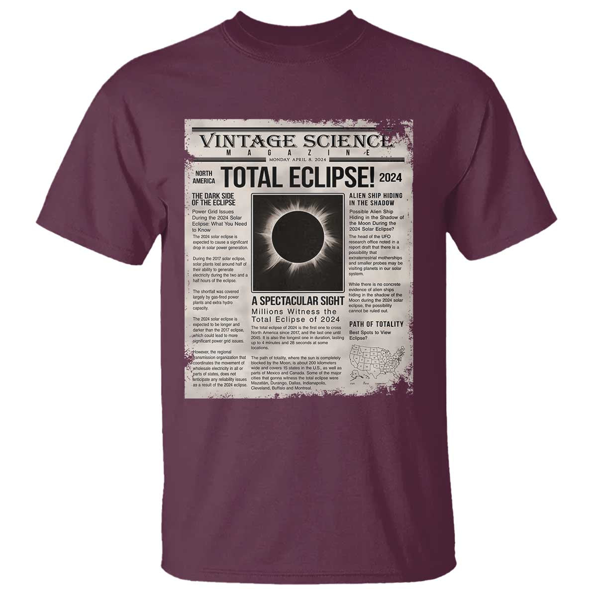Retro Vintage Science Magazine Total Solar Eclipse 2024 T Shirt Historic Totality Astronomy Geek Memorabilia TS02 Maroon Print Your Wear