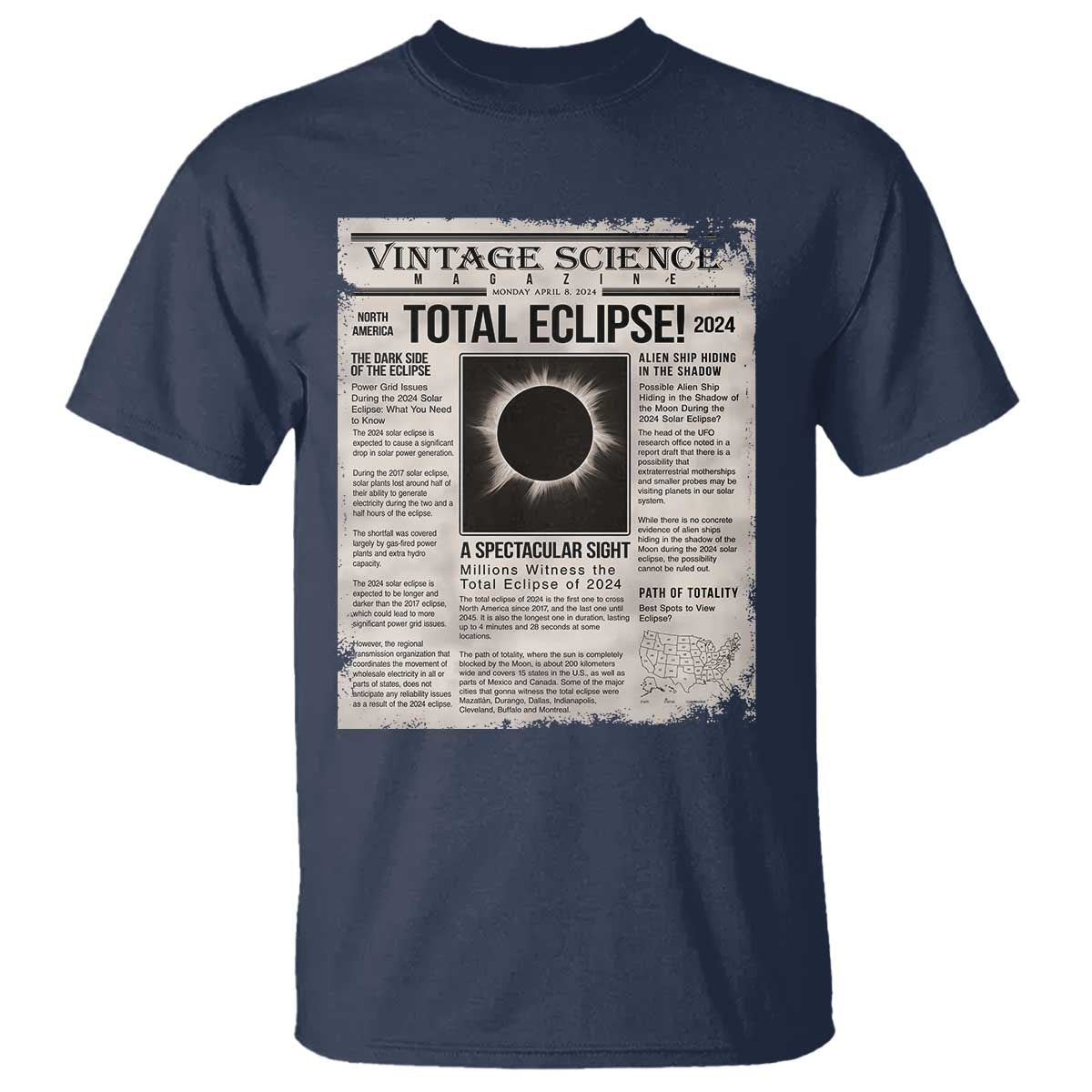 Retro Vintage Science Magazine Total Solar Eclipse 2024 T Shirt Historic Totality Astronomy Geek Memorabilia TS02 Navy Print Your Wear