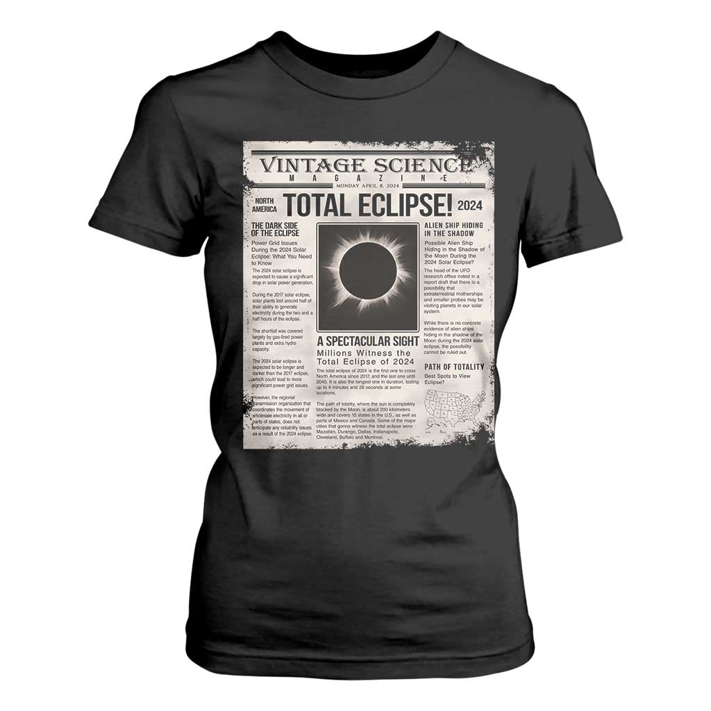 Retro Vintage Science Magazine Total Solar Eclipse 2024 T Shirt For Women Historic Totality Astronomy Geek Memorabilia TS02 Black Print Your Wear