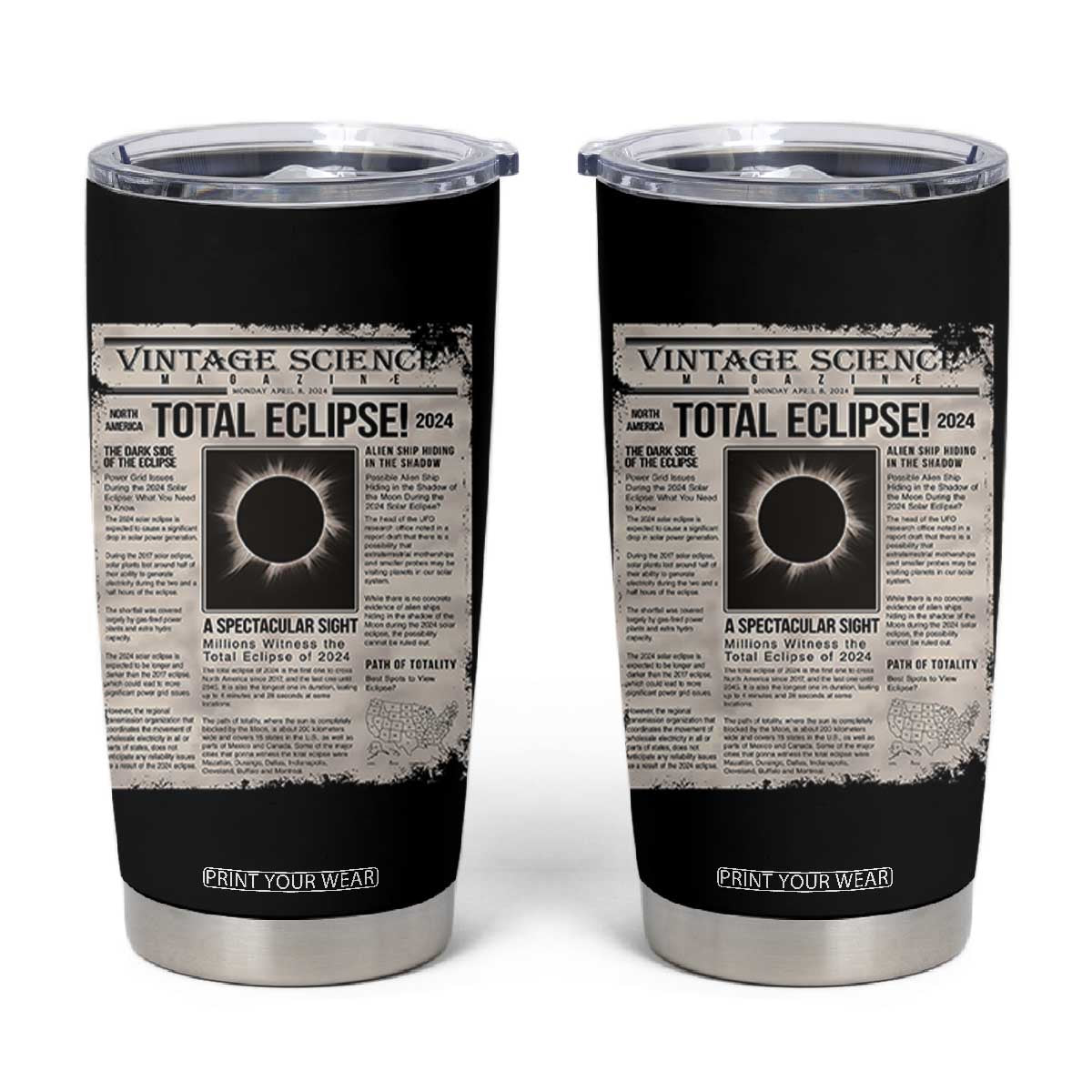 Retro Vintage Science Magazine Total Solar Eclipse 2024 Tumbler Cup Historic Totality Astronomy Geek Memorabilia TS02 Black Print Your Wear