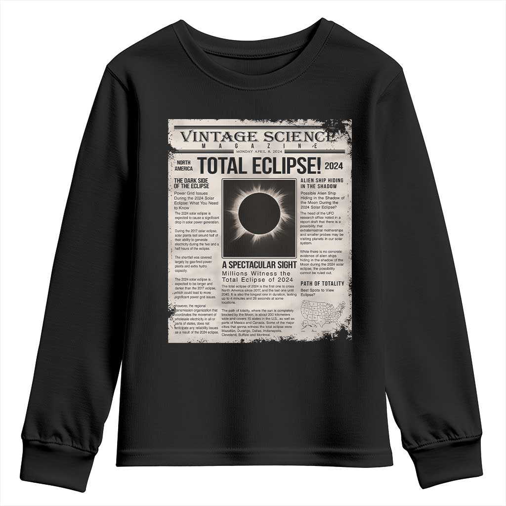 Retro Vintage Science Magazine Total Solar Eclipse 2024 Youth Sweatshirt Historic Totality Astronomy Geek Memorabilia TS02 Black Print Your Wear