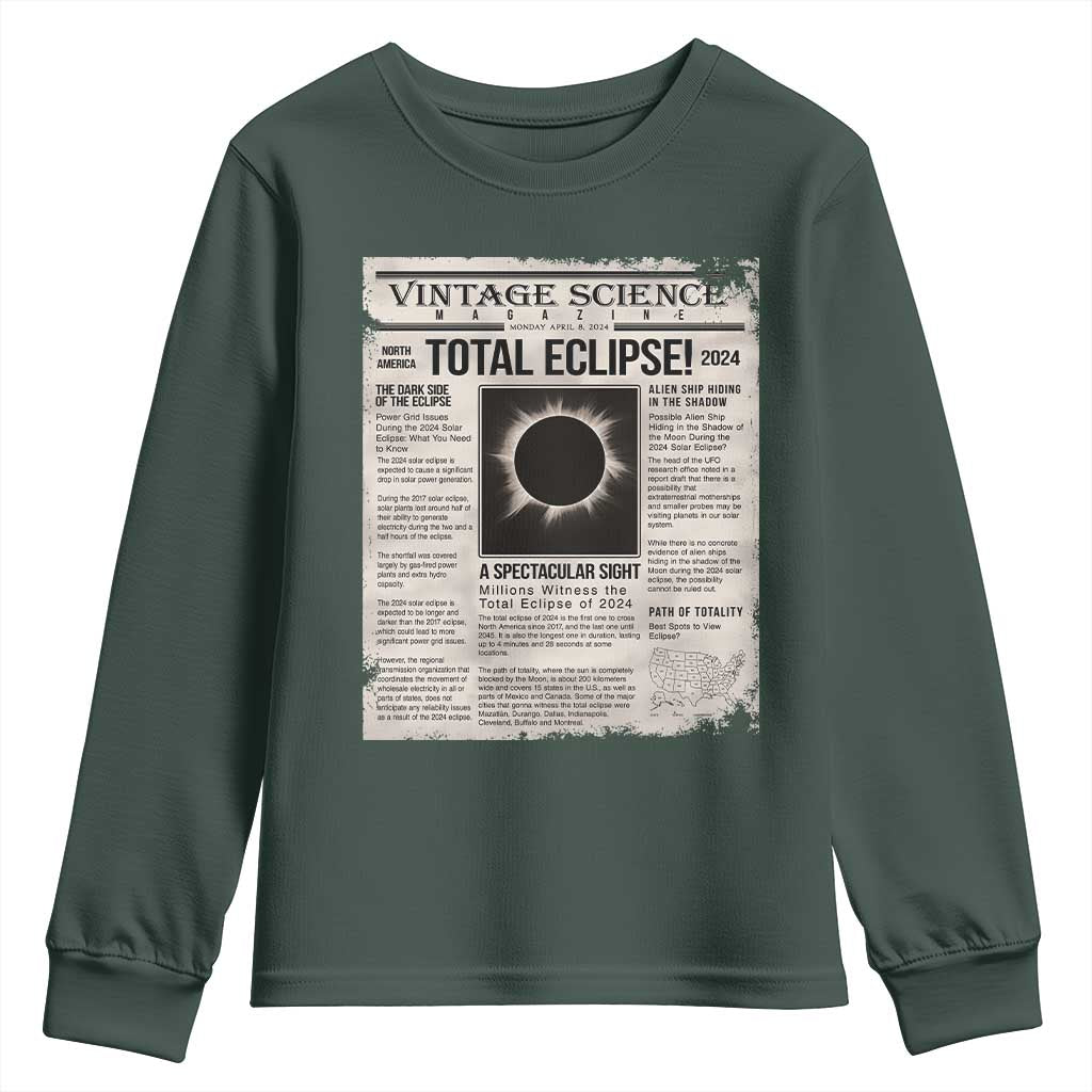 Retro Vintage Science Magazine Total Solar Eclipse 2024 Youth Sweatshirt Historic Totality Astronomy Geek Memorabilia TS02 Dark Forest Green Print Your Wear