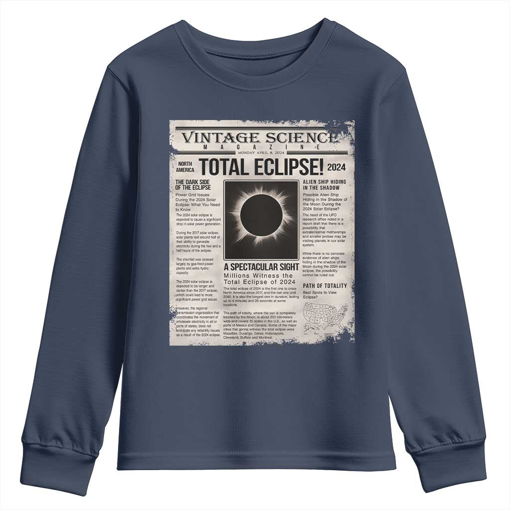 Retro Vintage Science Magazine Total Solar Eclipse 2024 Youth Sweatshirt Historic Totality Astronomy Geek Memorabilia TS02 Navy Print Your Wear