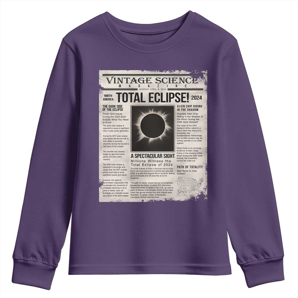 Retro Vintage Science Magazine Total Solar Eclipse 2024 Youth Sweatshirt Historic Totality Astronomy Geek Memorabilia TS02 Purple Print Your Wear