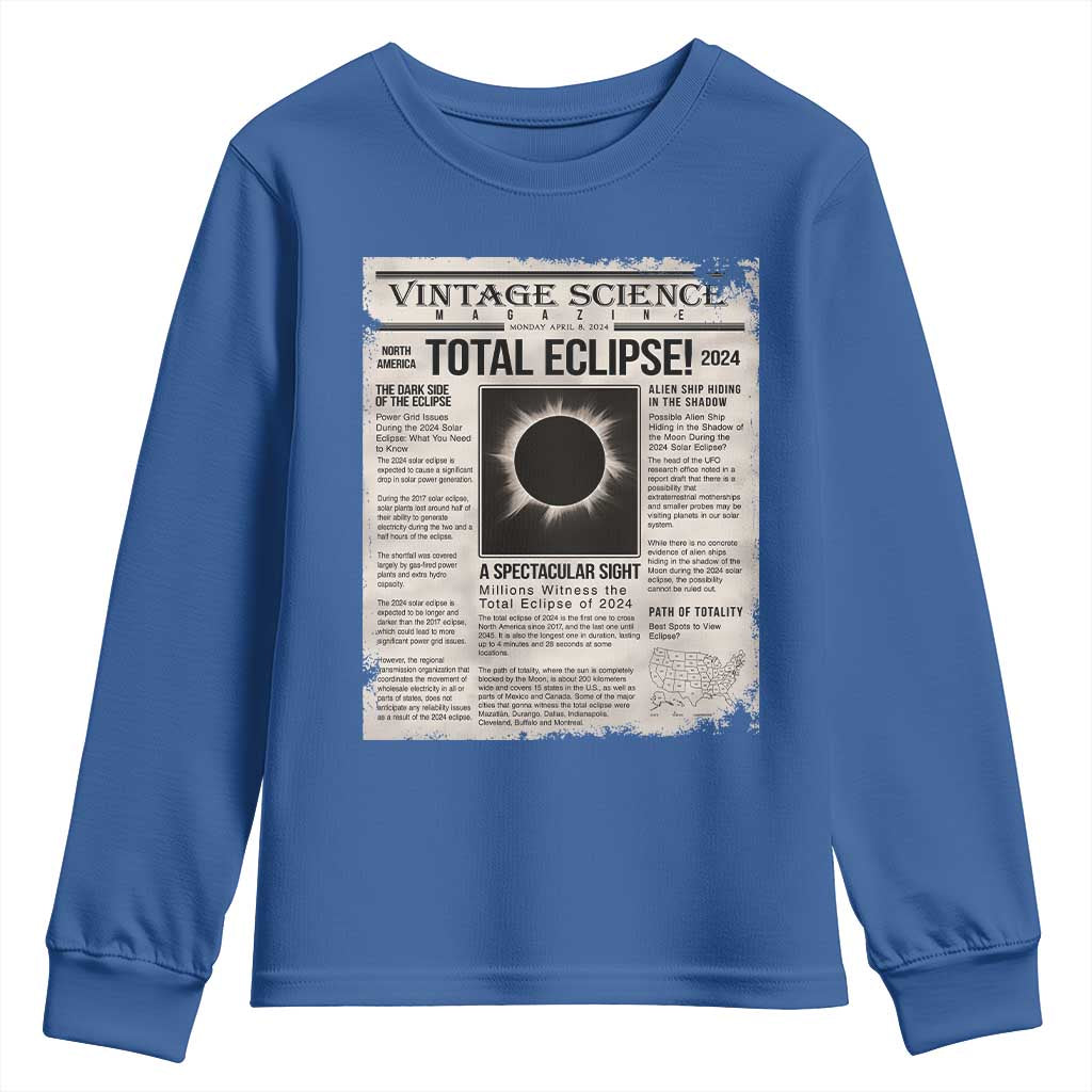 Retro Vintage Science Magazine Total Solar Eclipse 2024 Youth Sweatshirt Historic Totality Astronomy Geek Memorabilia TS02 Royal Blue Print Your Wear