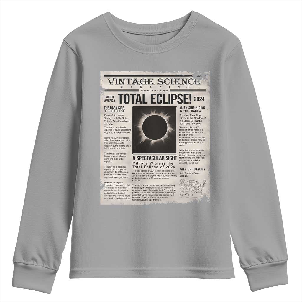 Retro Vintage Science Magazine Total Solar Eclipse 2024 Youth Sweatshirt Historic Totality Astronomy Geek Memorabilia TS02 Sport Gray Print Your Wear