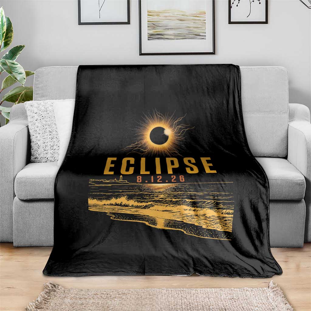 Total Solar Eclipse August 12 2026 Celestial Totality Throw Blanket Ocean Beach View Astronomy Souvenir TS02 Print Your Wear