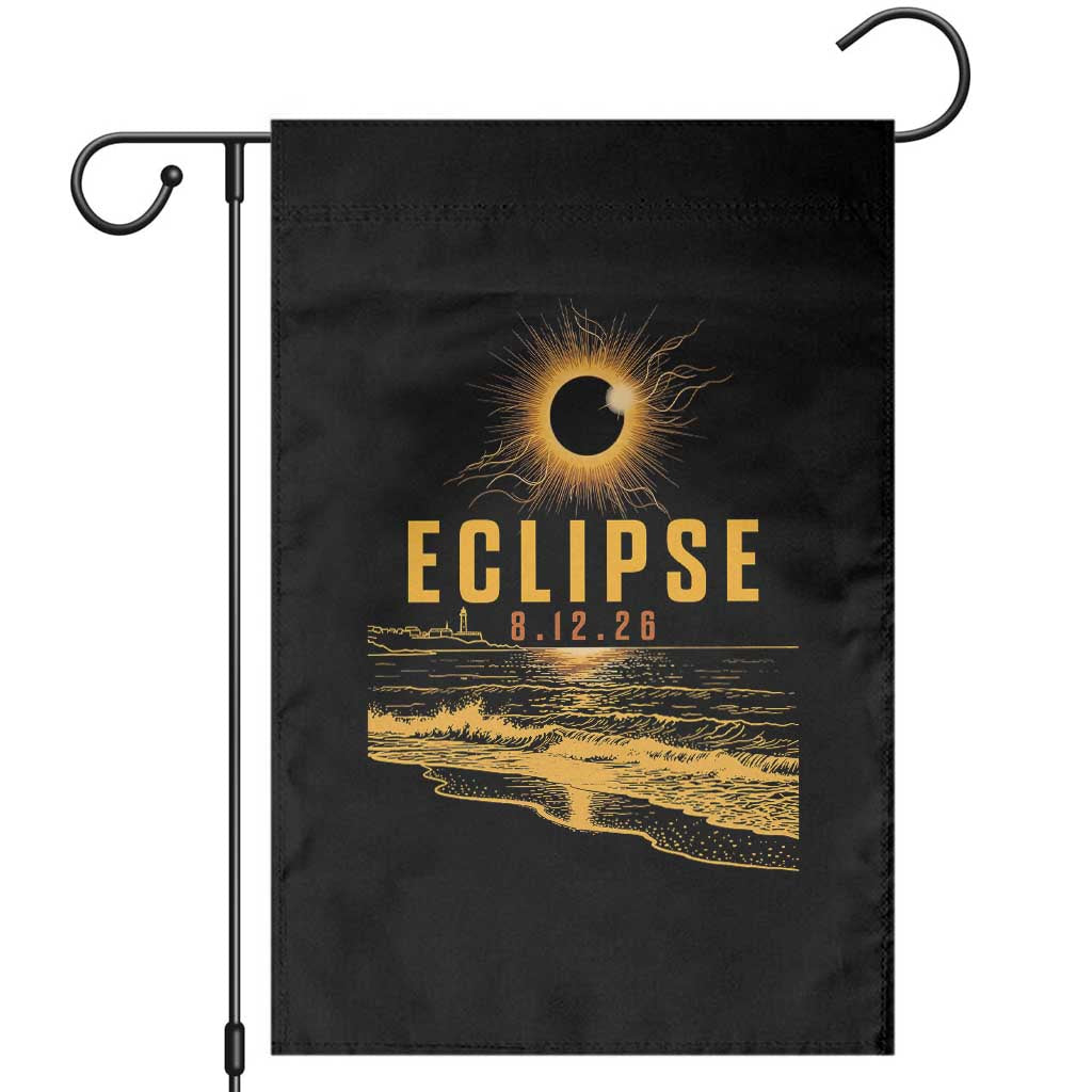 Total Solar Eclipse August 12 2026 Celestial Totality Garden Flag Ocean Beach View Astronomy Souvenir TS02 Black Print Your Wear