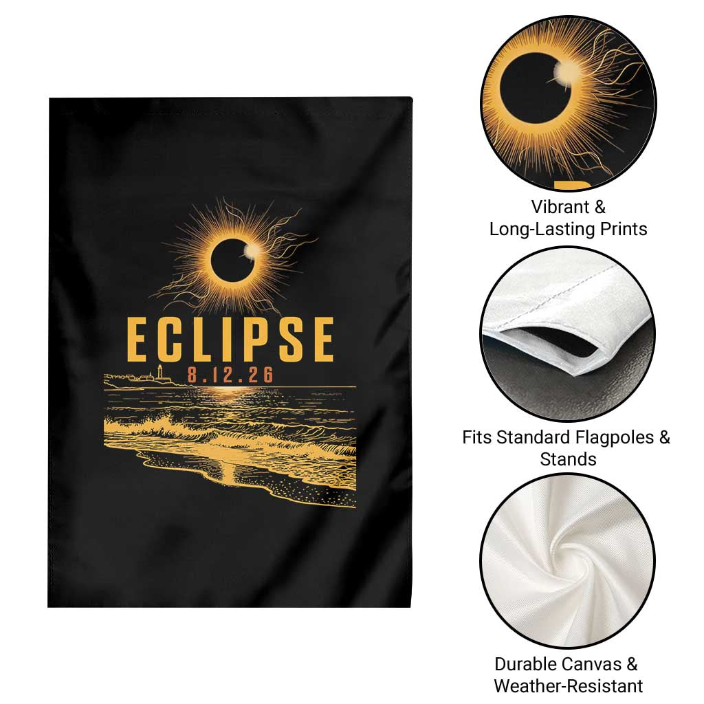 Total Solar Eclipse August 12 2026 Celestial Totality Garden Flag Ocean Beach View Astronomy Souvenir TS02 Print Your Wear