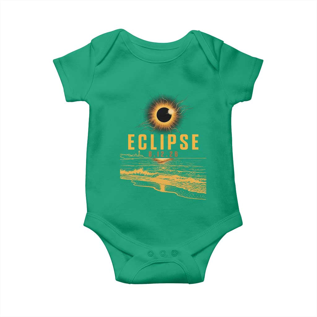 Total Solar Eclipse August 12 2026 Celestial Totality Baby Onesie Ocean Beach View Astronomy Souvenir TS02 Irish Green Print Your Wear