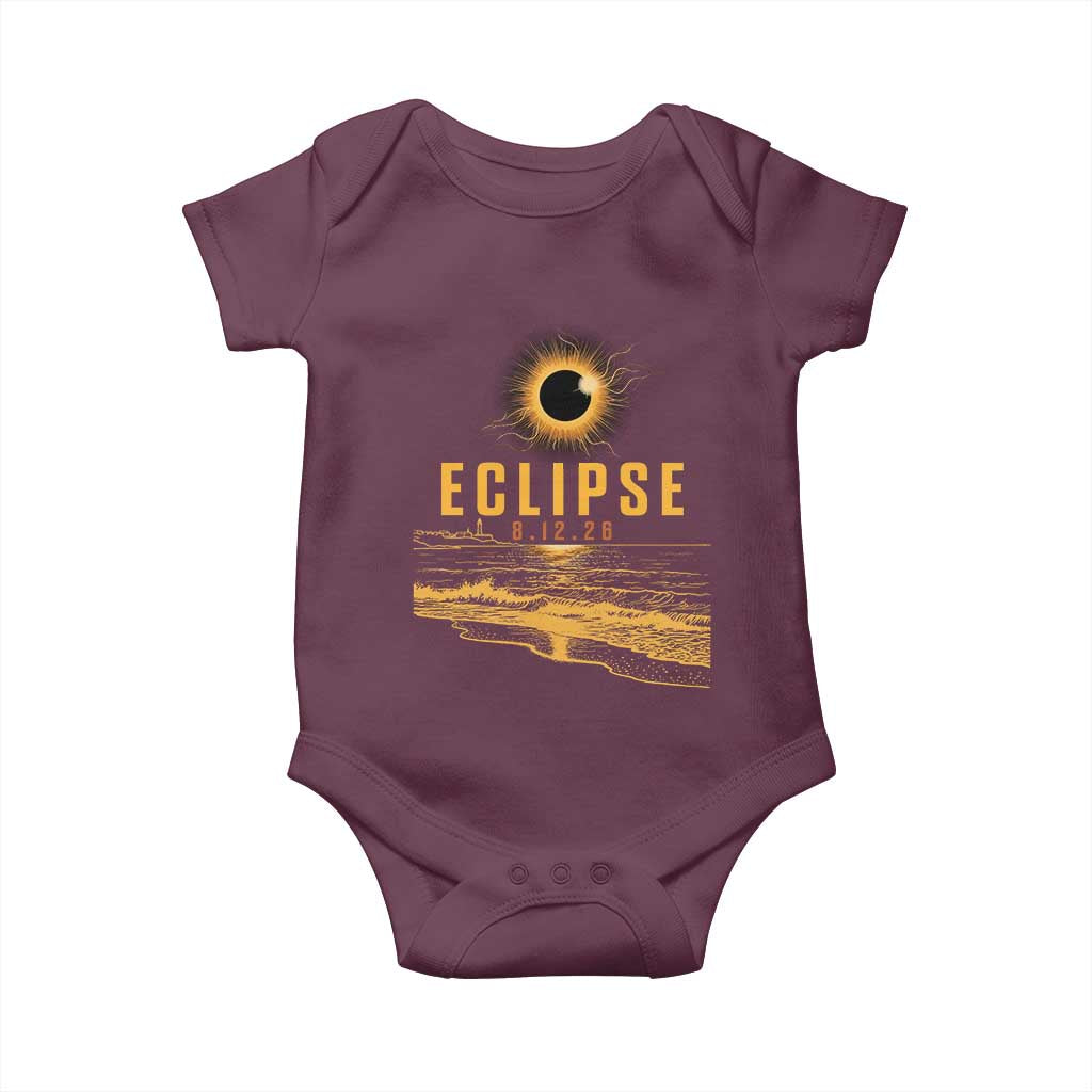 Total Solar Eclipse August 12 2026 Celestial Totality Baby Onesie Ocean Beach View Astronomy Souvenir TS02 Maroon Print Your Wear