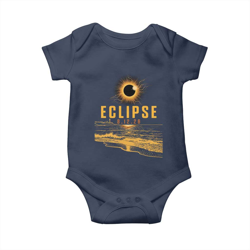 Total Solar Eclipse August 12 2026 Celestial Totality Baby Onesie Ocean Beach View Astronomy Souvenir TS02 Navy Print Your Wear