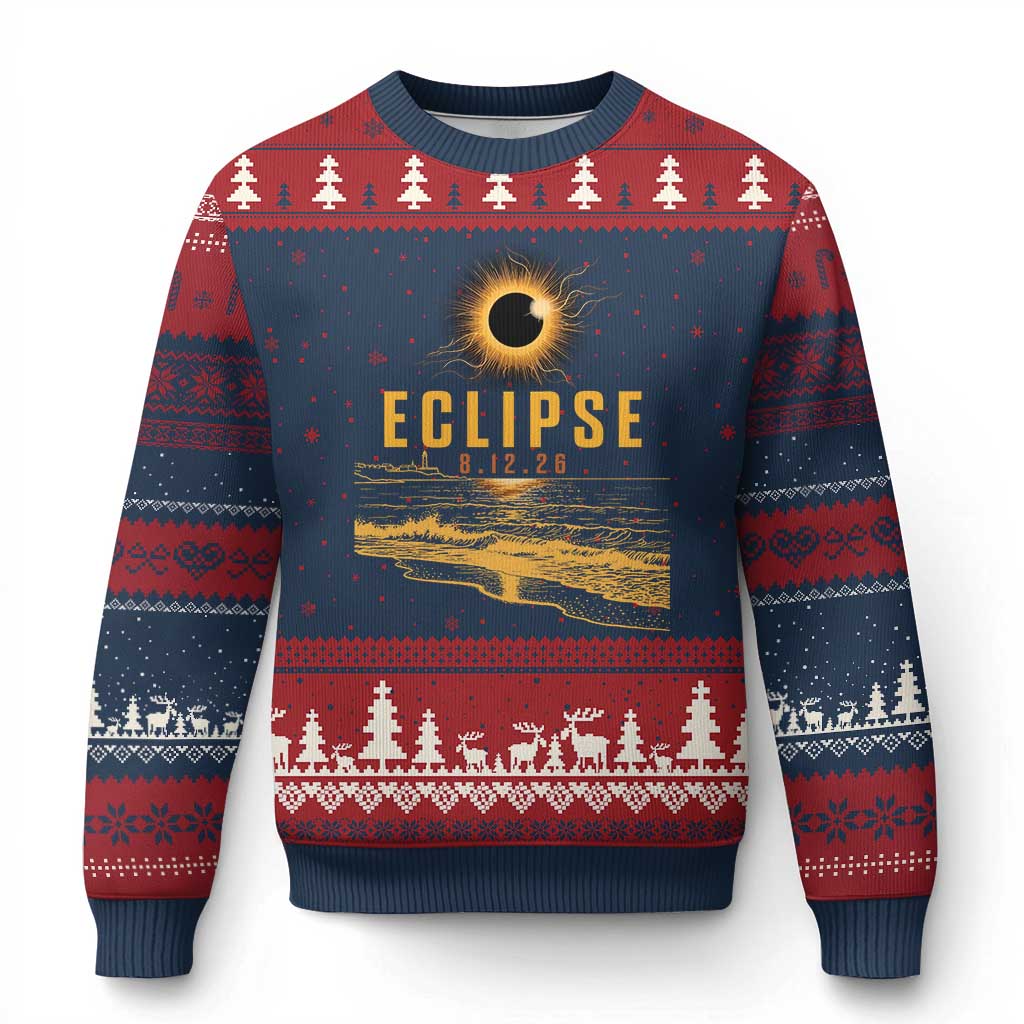Total Solar Eclipse August 12 2026 Celestial Totality Ugly Christmas Sweater Ocean Beach View Astronomy Souvenir TS02 Navy Red Print Your Wear