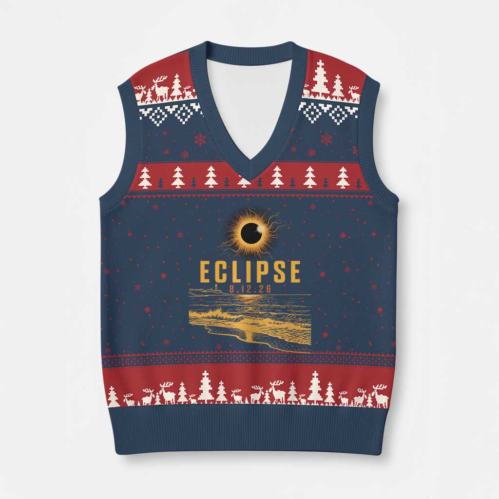 Total Solar Eclipse August 12 2026 Celestial Totality V-Neck Knit Sweater Vest Ocean Beach View Astronomy Souvenir TS02 Navy Red Print Your Wear