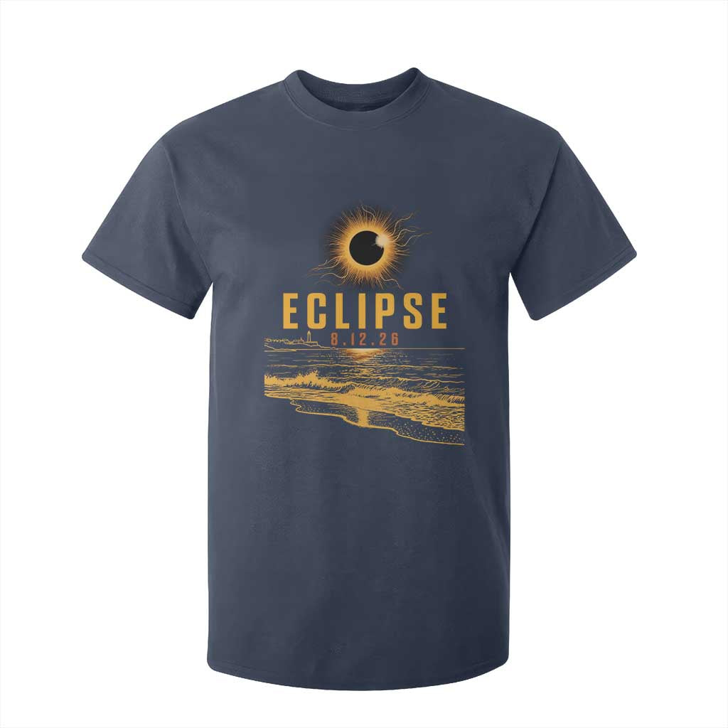 Total Solar Eclipse August 12 2026 Celestial Totality T Shirt For Kid Ocean Beach View Astronomy Souvenir TS02 Navy Print Your Wear