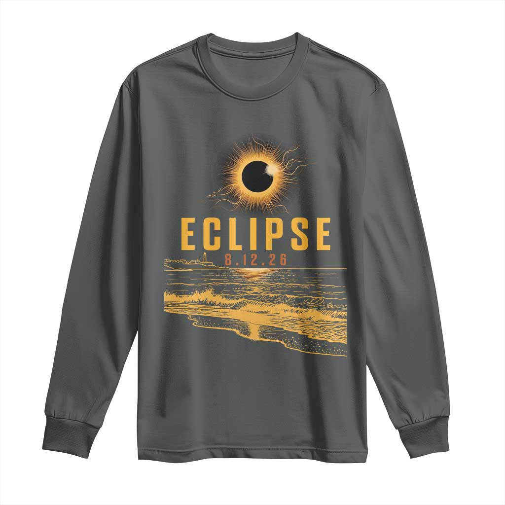 Total Solar Eclipse August 12 2026 Celestial Totality Long Sleeve Shirt Ocean Beach View Astronomy Souvenir TS02 Dark Heather Print Your Wear