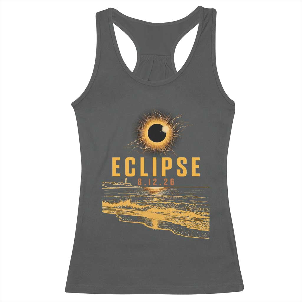 Total Solar Eclipse August 12 2026 Celestial Totality Racerback Tank Top Ocean Beach View Astronomy Souvenir TS02 Dark Heather Print Your Wear