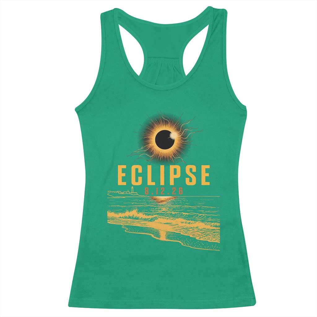 Total Solar Eclipse August 12 2026 Celestial Totality Racerback Tank Top Ocean Beach View Astronomy Souvenir TS02 Irish Green Print Your Wear