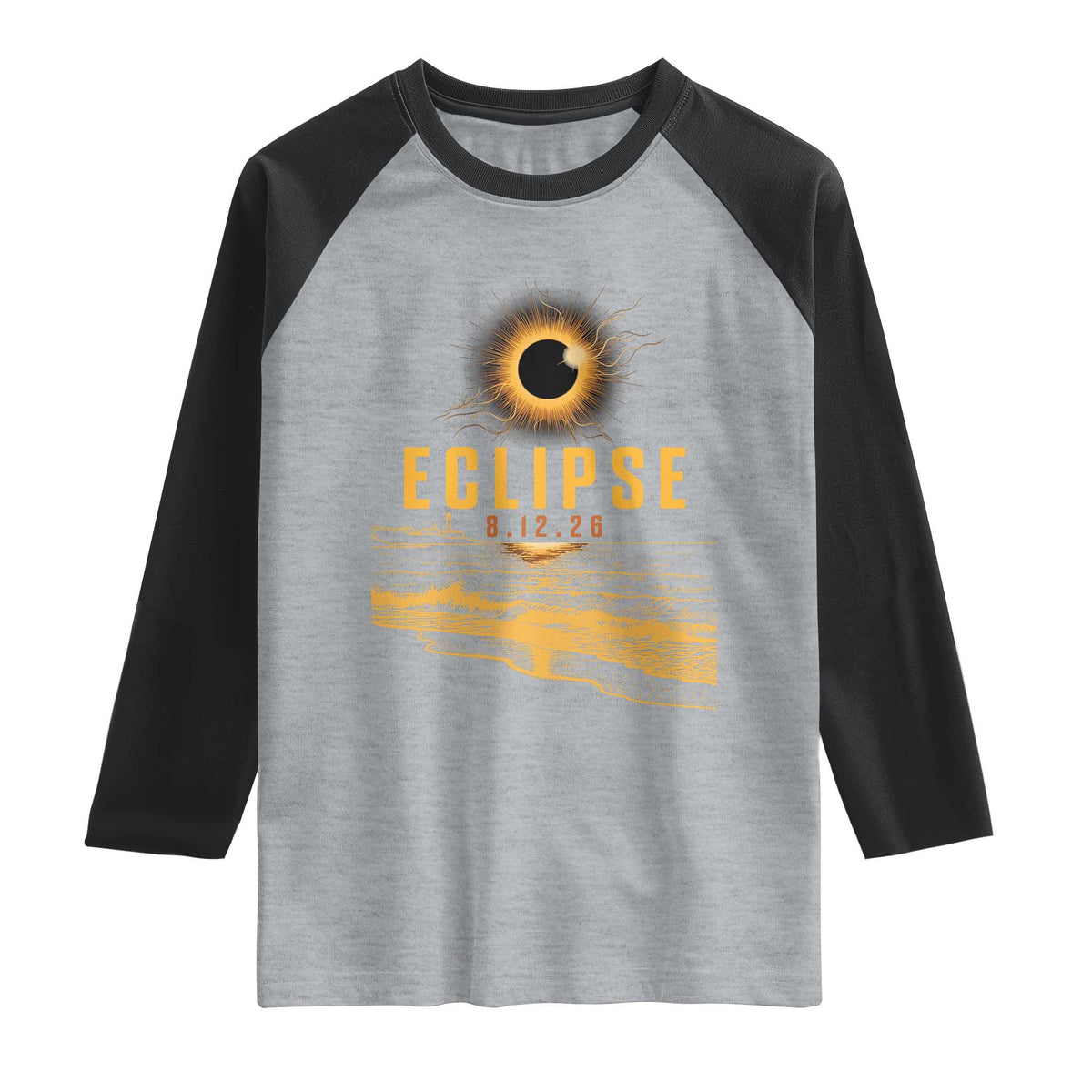 Total Solar Eclipse August 12 2026 Celestial Totality Raglan Shirt Ocean Beach View Astronomy Souvenir TS02 Heather Gray Black Print Your Wear