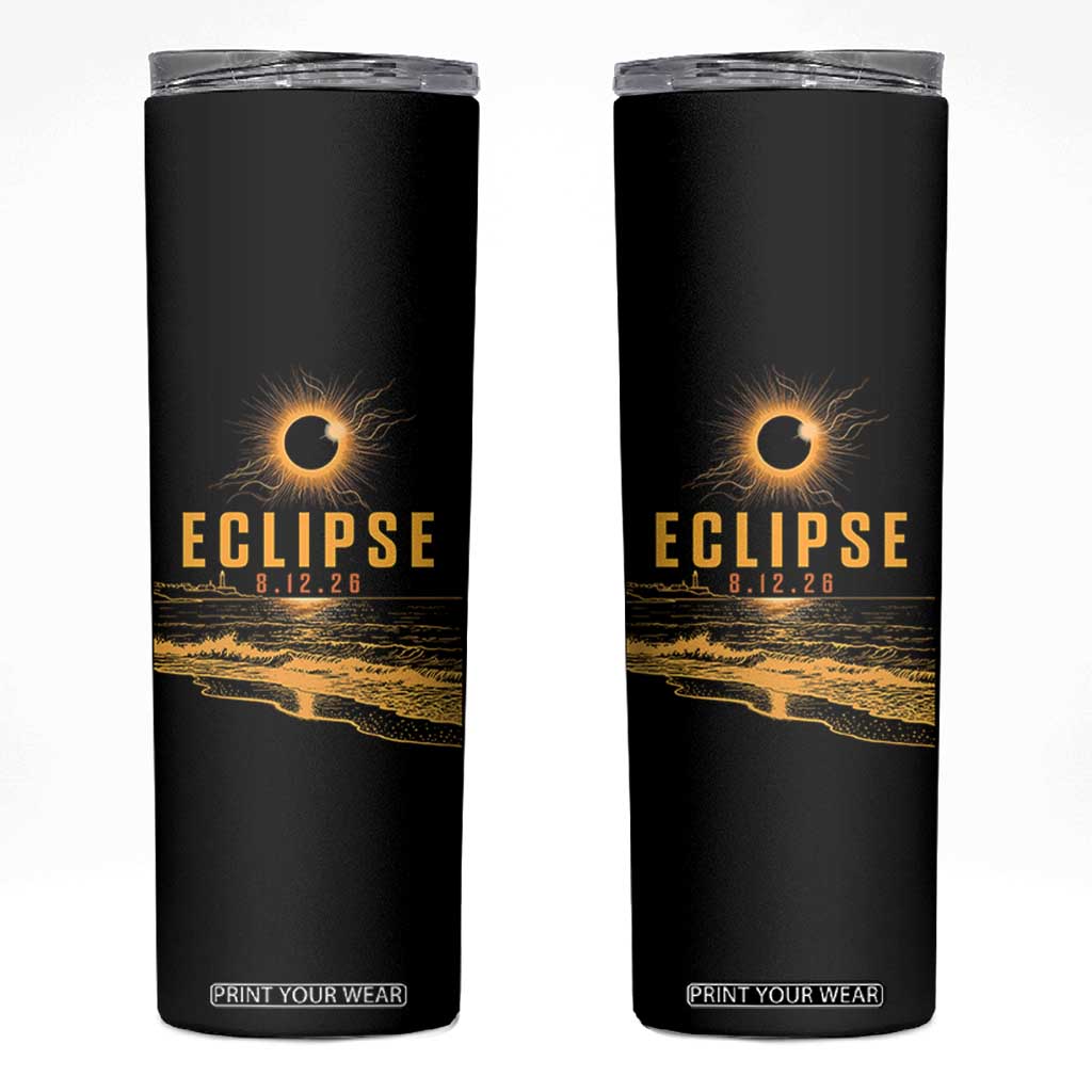 Total Solar Eclipse August 12 2026 Celestial Totality Skinny Tumbler Ocean Beach View Astronomy Souvenir TS02 Black Print Your Wear