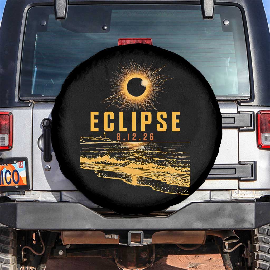 Total Solar Eclipse August 12 2026 Celestial Totality Spare Tire Cover Ocean Beach View Astronomy Souvenir TS02 No hole Black Print Your Wear