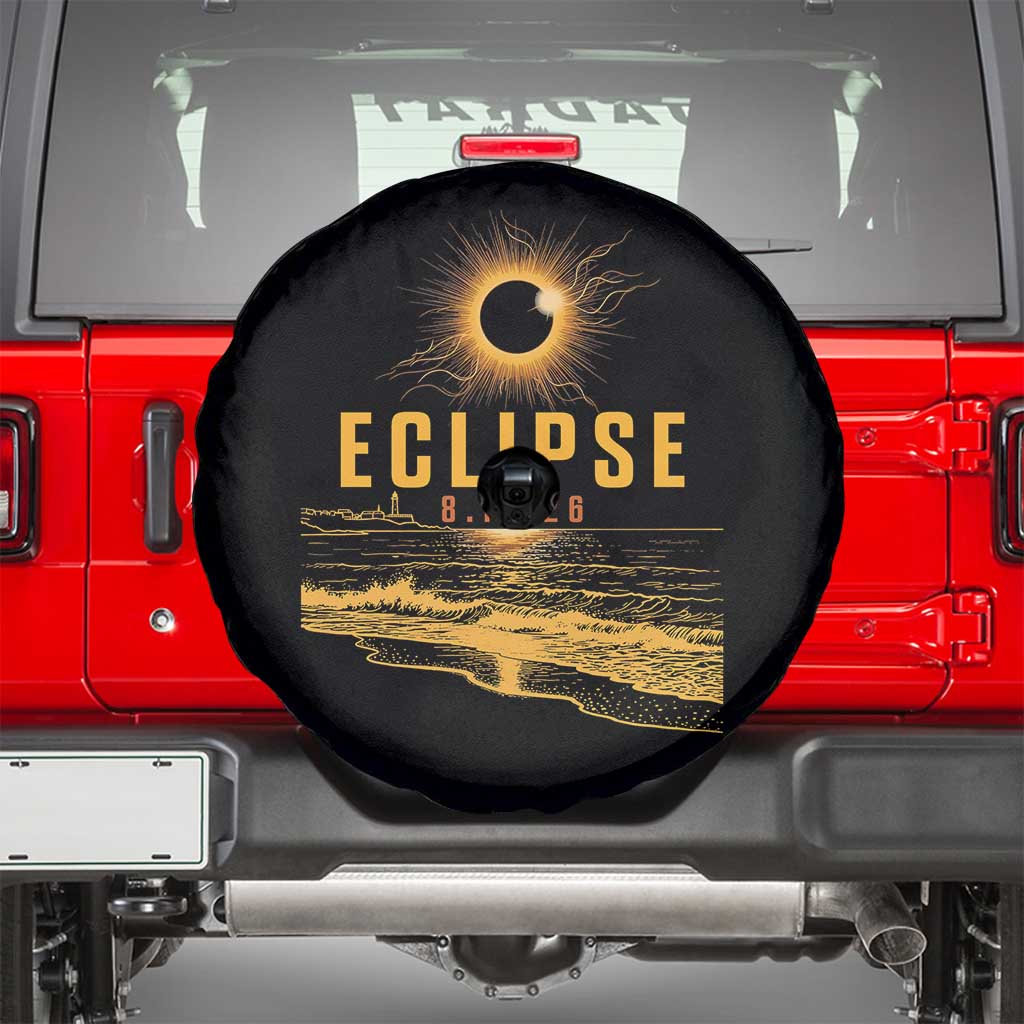 Total Solar Eclipse August 12 2026 Celestial Totality Spare Tire Cover Ocean Beach View Astronomy Souvenir TS02 Black Print Your Wear