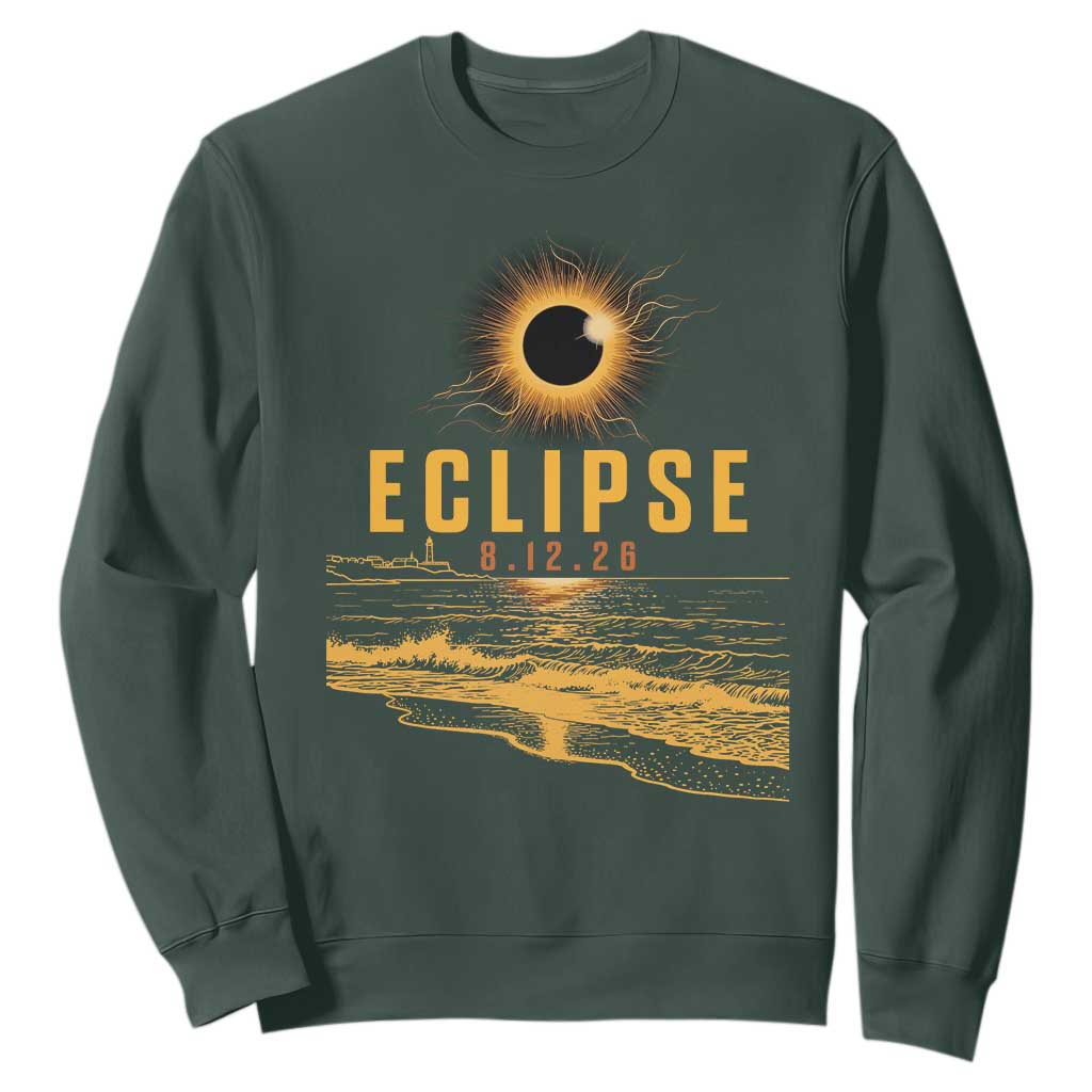 Total Solar Eclipse August 12 2026 Celestial Totality Sweatshirt Ocean Beach View Astronomy Souvenir TS02 Dark Forest Green Print Your Wear