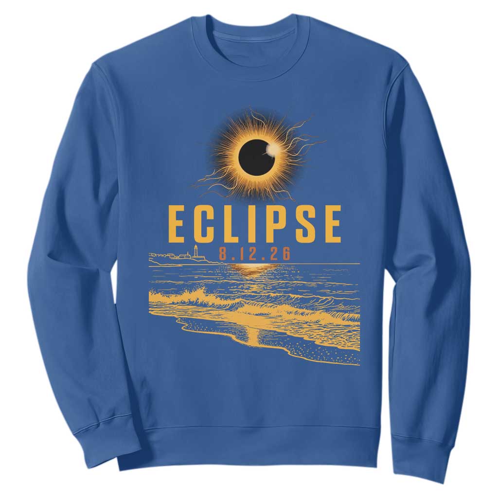 Total Solar Eclipse August 12 2026 Celestial Totality Sweatshirt Ocean Beach View Astronomy Souvenir TS02 Royal Blue Print Your Wear