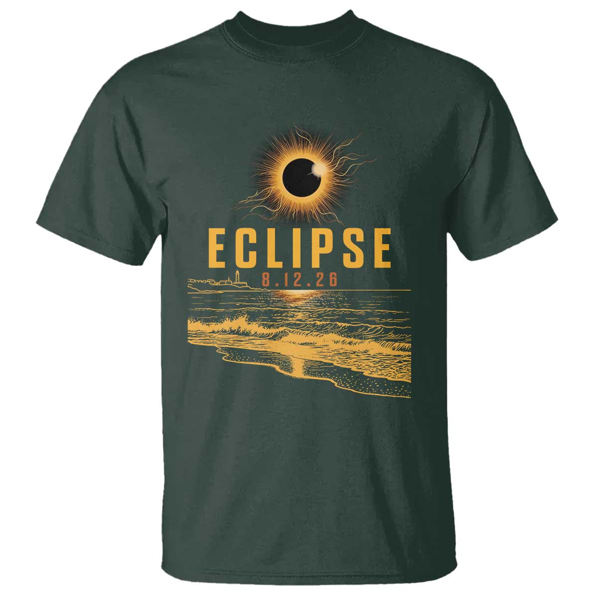 Total Solar Eclipse August 12 2026 Celestial Totality T Shirt Ocean Beach View Astronomy Souvenir TS02 Dark Forest Green Print Your Wear