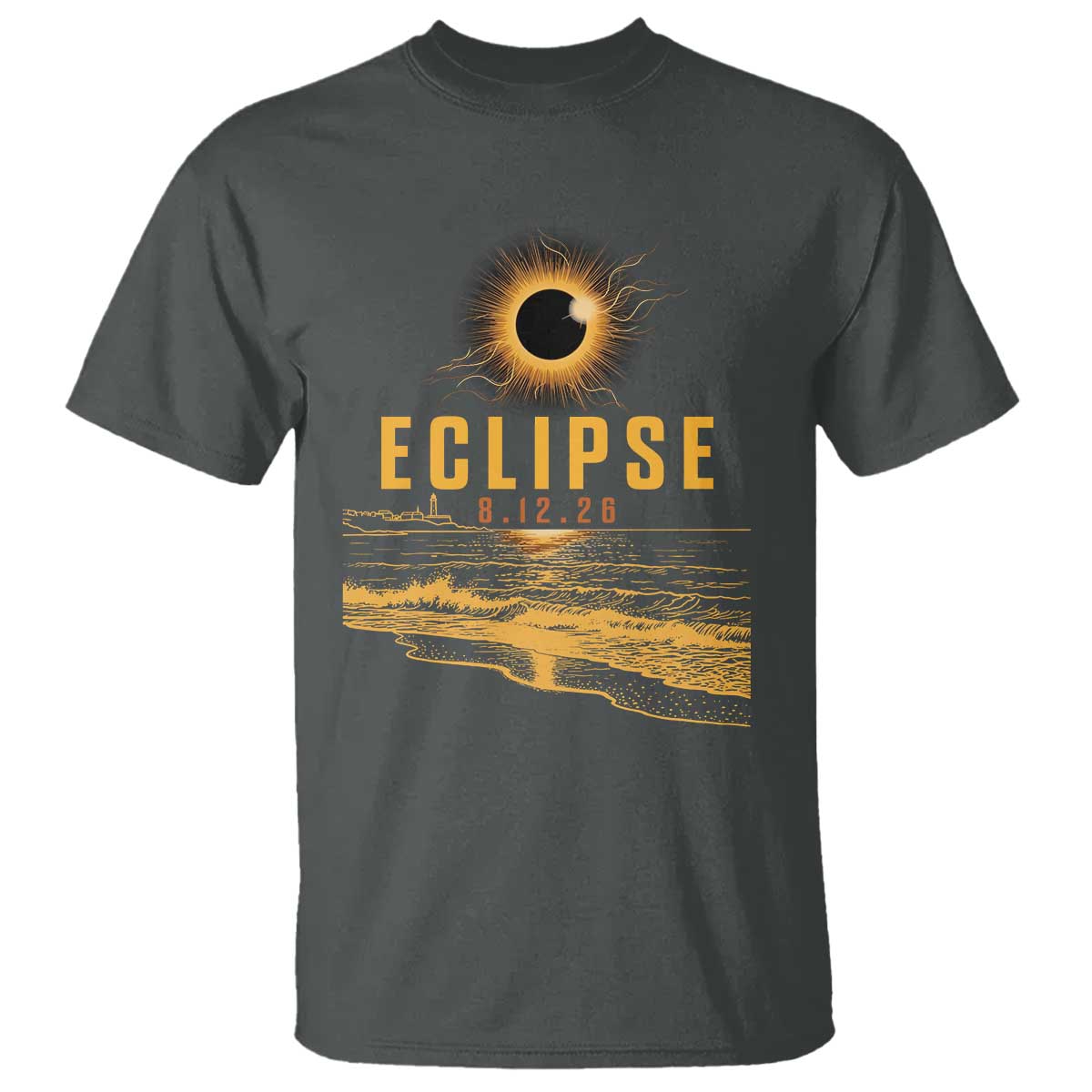 Total Solar Eclipse August 12 2026 Celestial Totality T Shirt Ocean Beach View Astronomy Souvenir TS02 Dark Heather Print Your Wear