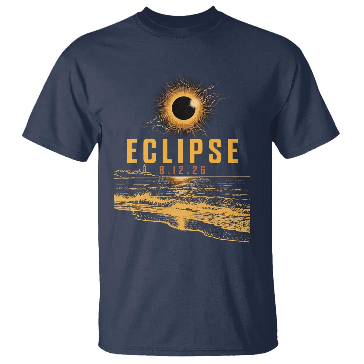 Total Solar Eclipse August 12 2026 Celestial Totality T Shirt Ocean Beach View Astronomy Souvenir TS02 Navy Print Your Wear