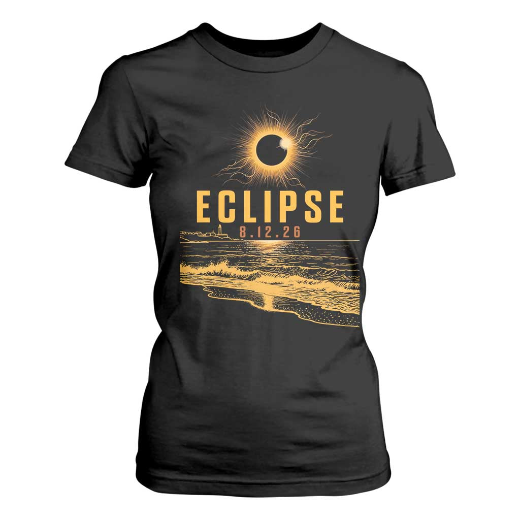 Total Solar Eclipse August 12 2026 Celestial Totality T Shirt For Women Ocean Beach View Astronomy Souvenir TS02 Black Print Your Wear