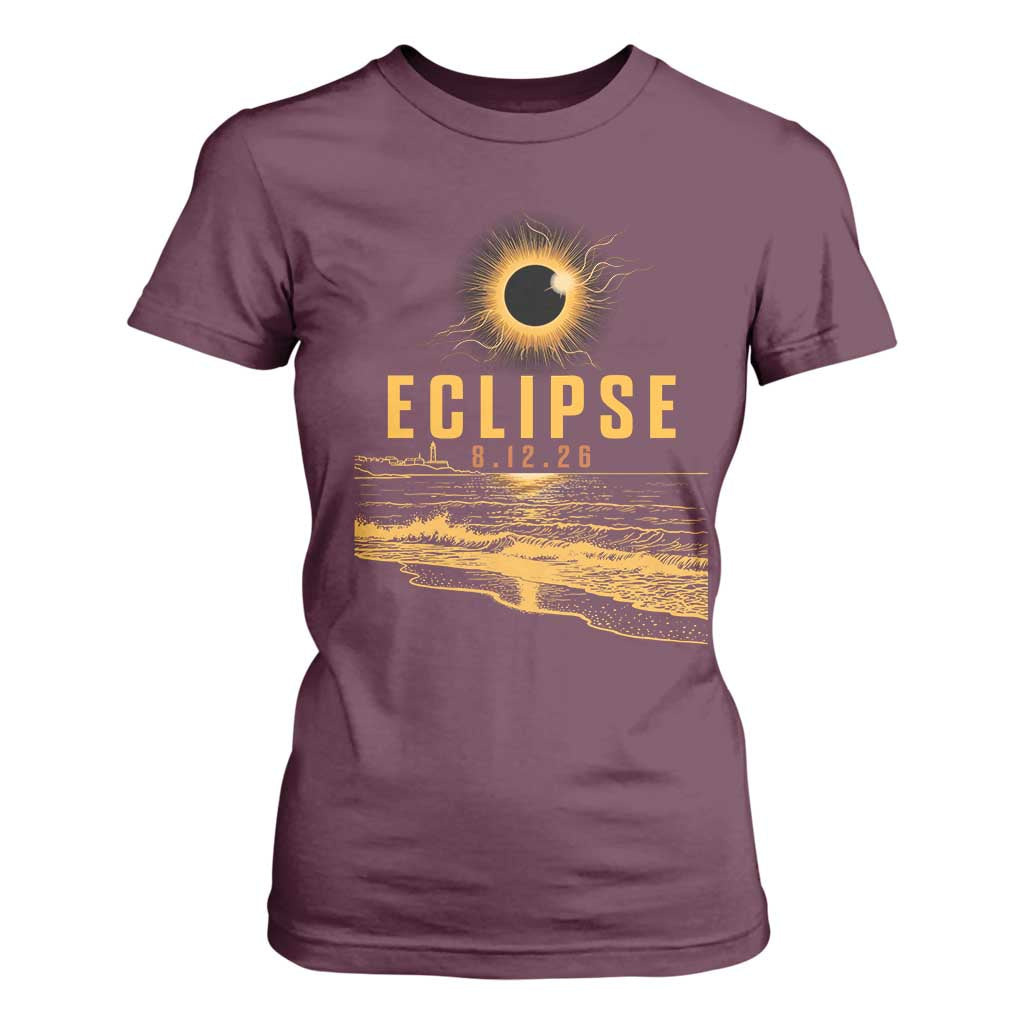Total Solar Eclipse August 12 2026 Celestial Totality T Shirt For Women Ocean Beach View Astronomy Souvenir TS02 Maroon Print Your Wear