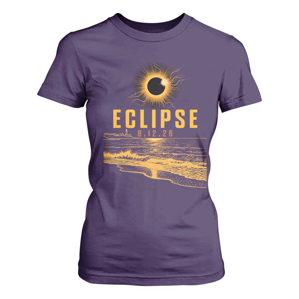 Total Solar Eclipse August 12 2026 Celestial Totality T Shirt For Women Ocean Beach View Astronomy Souvenir TS02 Purple Print Your Wear