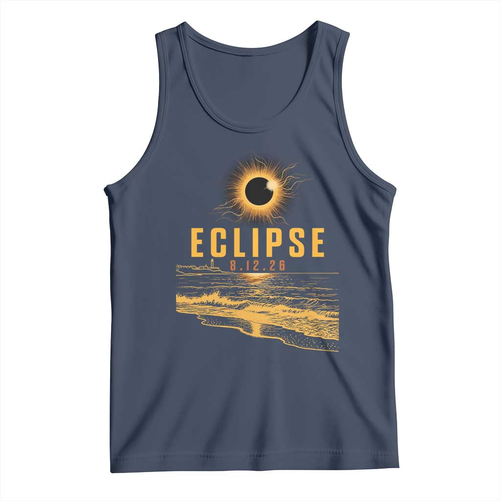 Total Solar Eclipse August 12 2026 Celestial Totality Tank Top Ocean Beach View Astronomy Souvenir TS02 Navy Print Your Wear