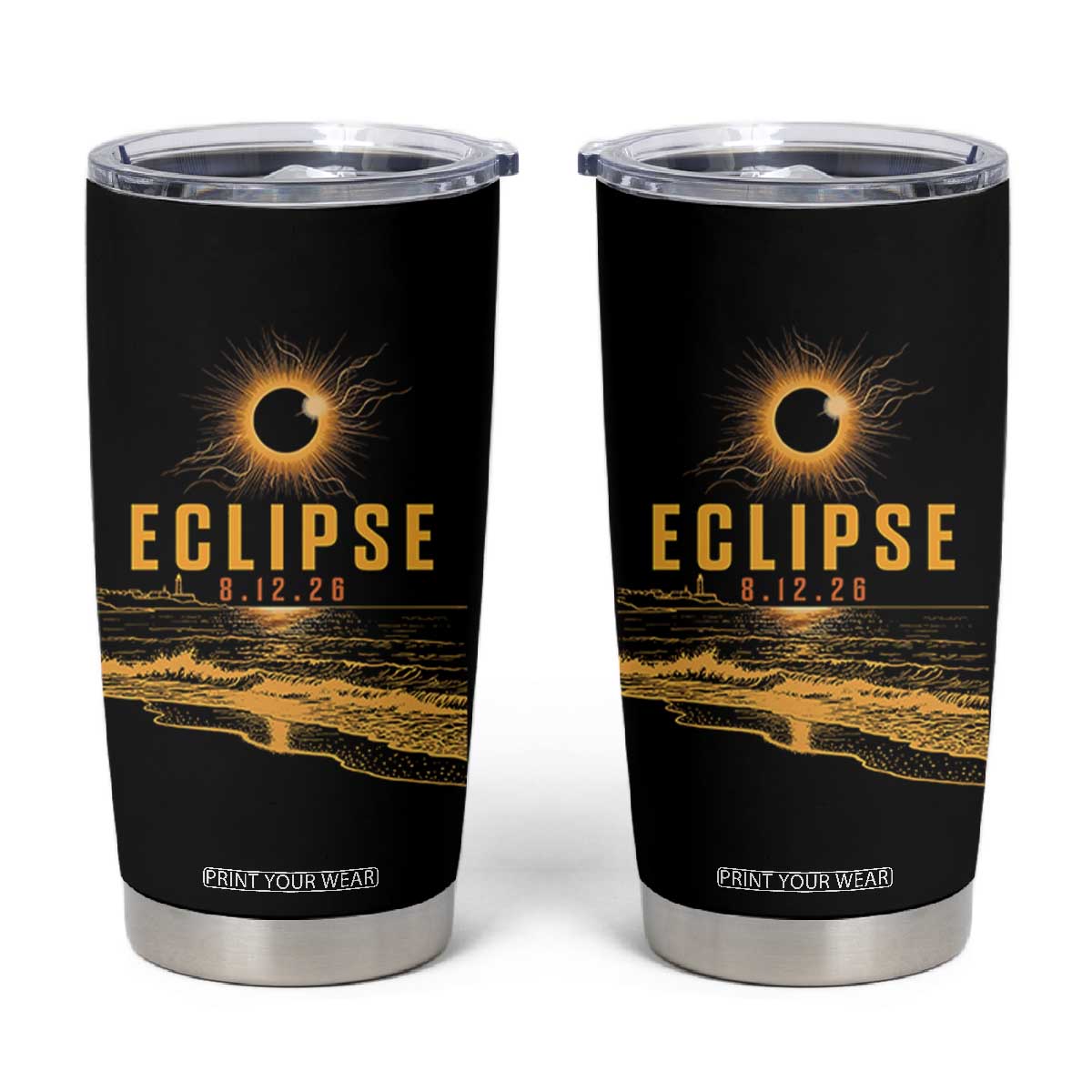 Total Solar Eclipse August 12 2026 Celestial Totality Tumbler Cup Ocean Beach View Astronomy Souvenir TS02 Black Print Your Wear