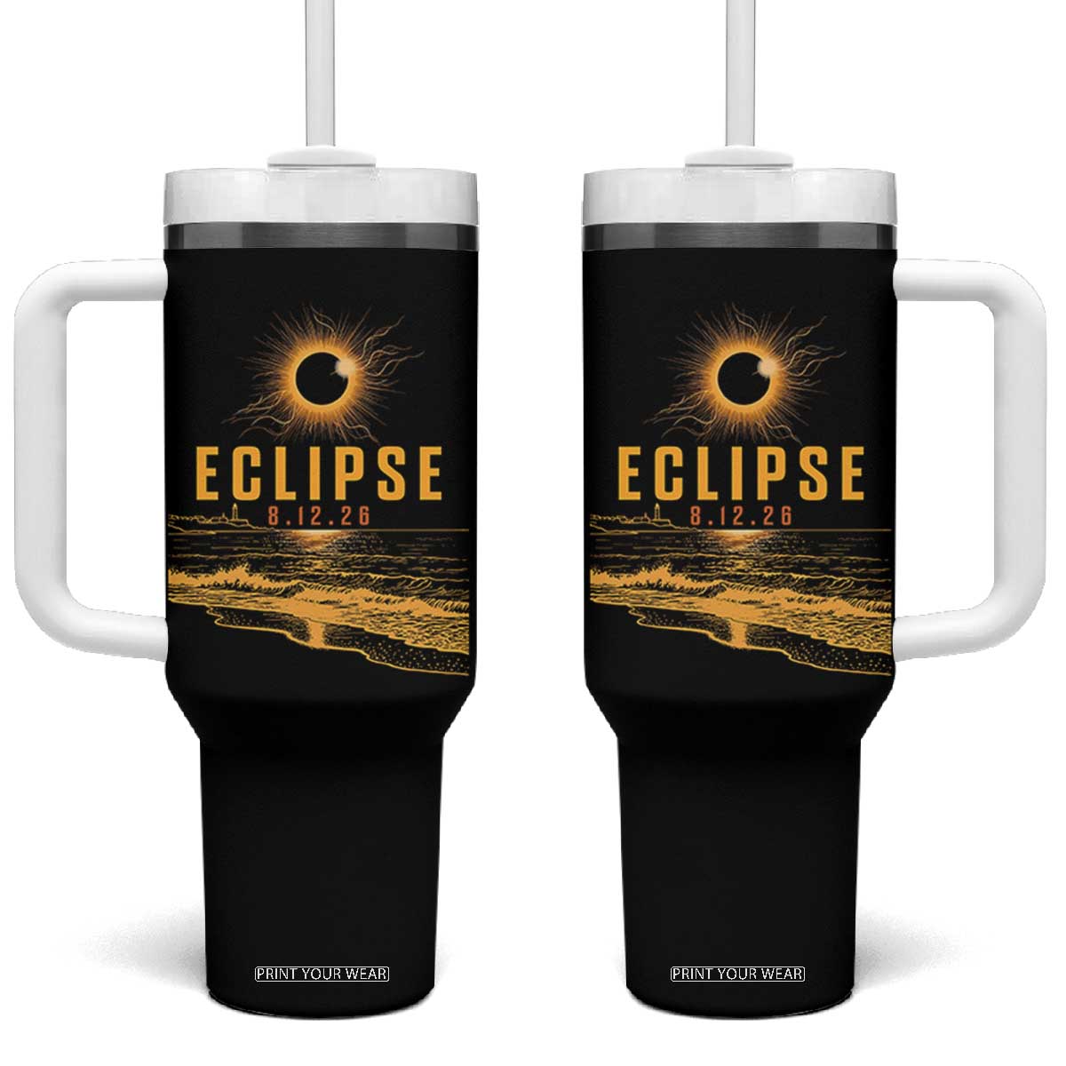 Total Solar Eclipse August 12 2026 Celestial Totality Tumbler With Handle Ocean Beach View Astronomy Souvenir TS02 One Size: 40 oz Black Print Your Wear