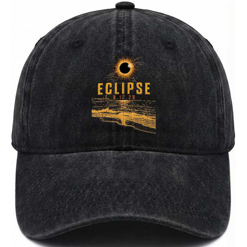Total Solar Eclipse August 12 2026 Celestial Totality Washed Cotton Baseball Cap Ocean Beach View Astronomy Souvenir TS02 Print Your Wear