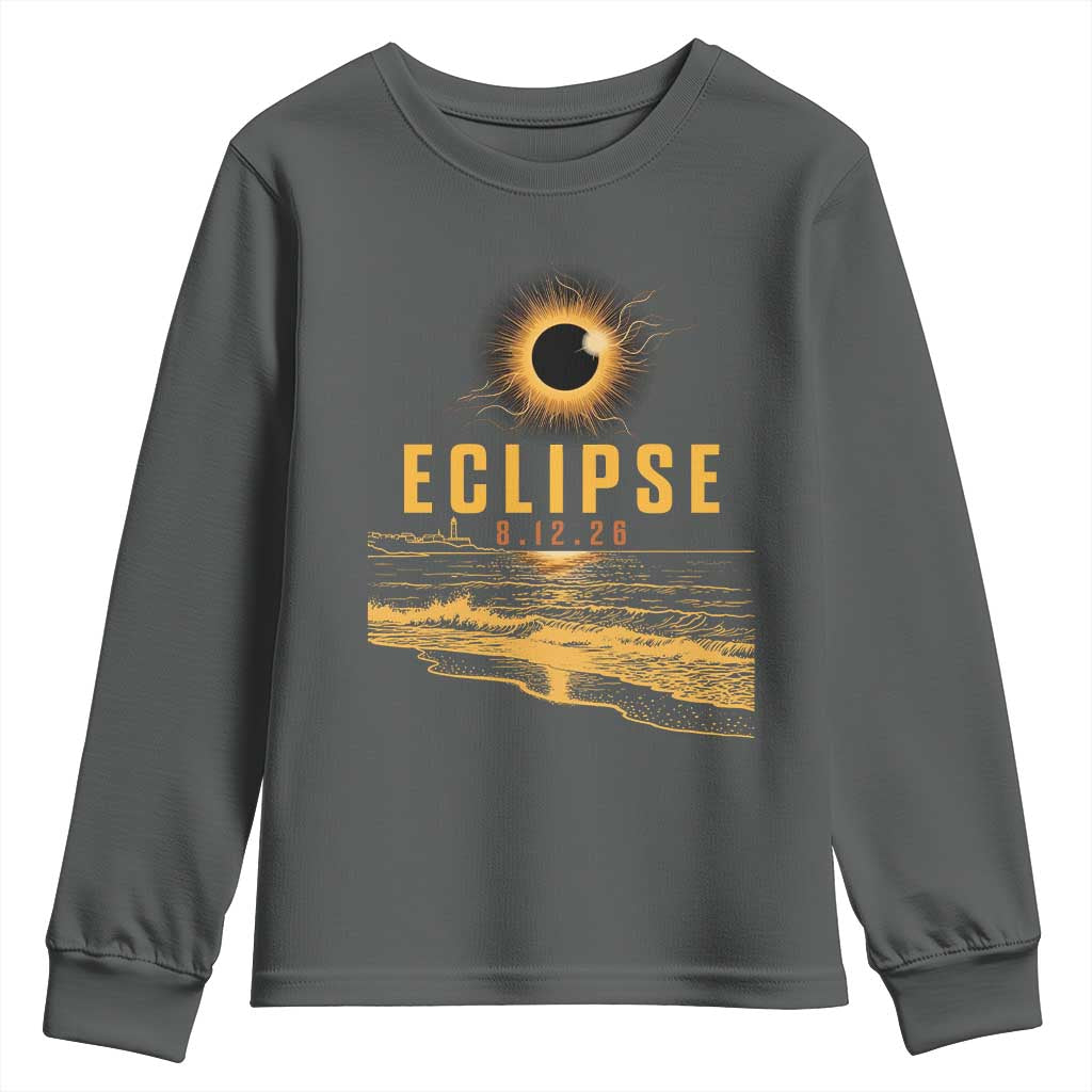 Total Solar Eclipse August 12 2026 Celestial Totality Youth Sweatshirt Ocean Beach View Astronomy Souvenir TS02 Dark Heather Print Your Wear